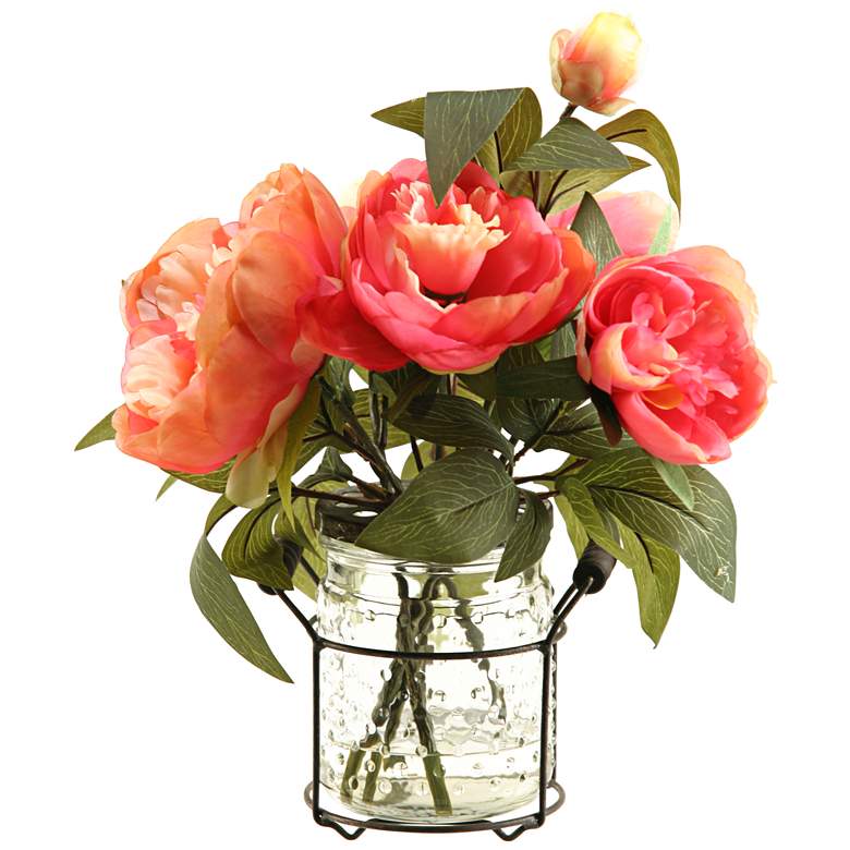 Image 1 Pink Peonies 13 1/2 inchH Faux Flowers in Glass Jar