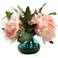 Pink Peonies 14"W Faux Flowers in Vintage Blue Glass Vase