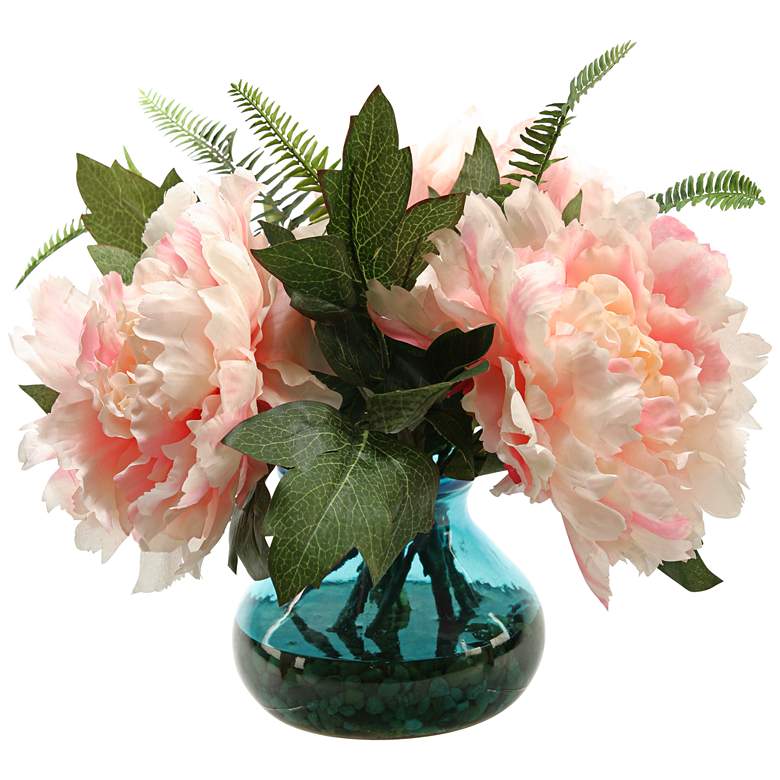 Image 1 Pink Peonies 14 inchW Faux Flowers in Vintage Blue Glass Vase
