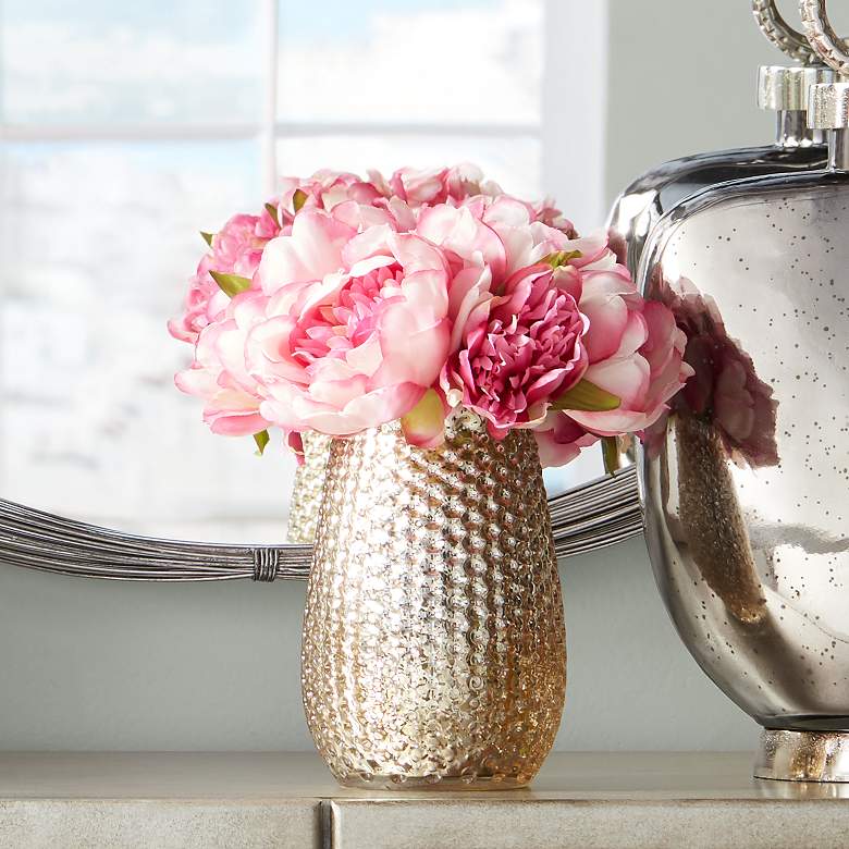 Image 1 Pink Peony 8" High Faux Flowers in Mercury Glass Vase