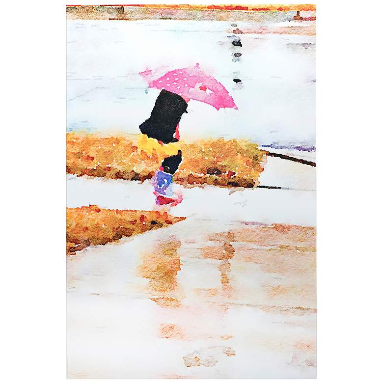 Image 1 Pink Umbrella 32 inch Wide Girl Playing in Rain Metal Wall Art