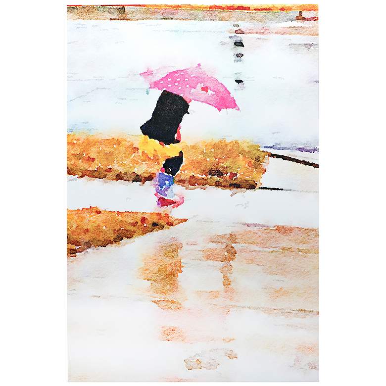 Image 1 Pink Umbrella 32" Wide Girl Playing in Rain Metal Wall Art