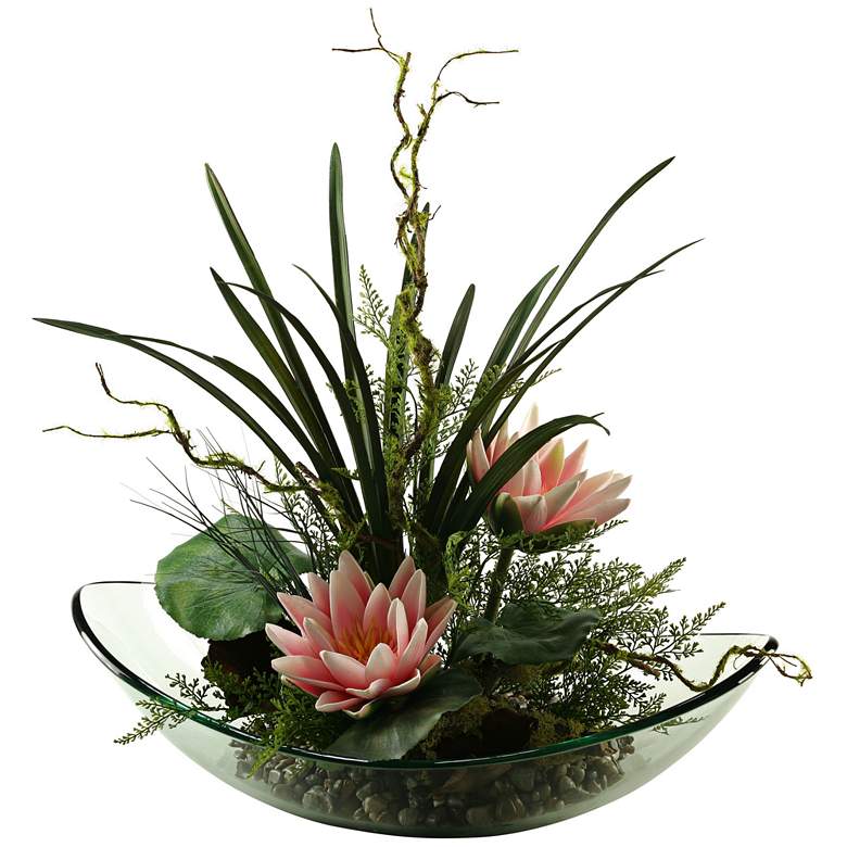 Image 1 Pink Water Lilies with Mixed Greenery 26 inch High in Glass Dish