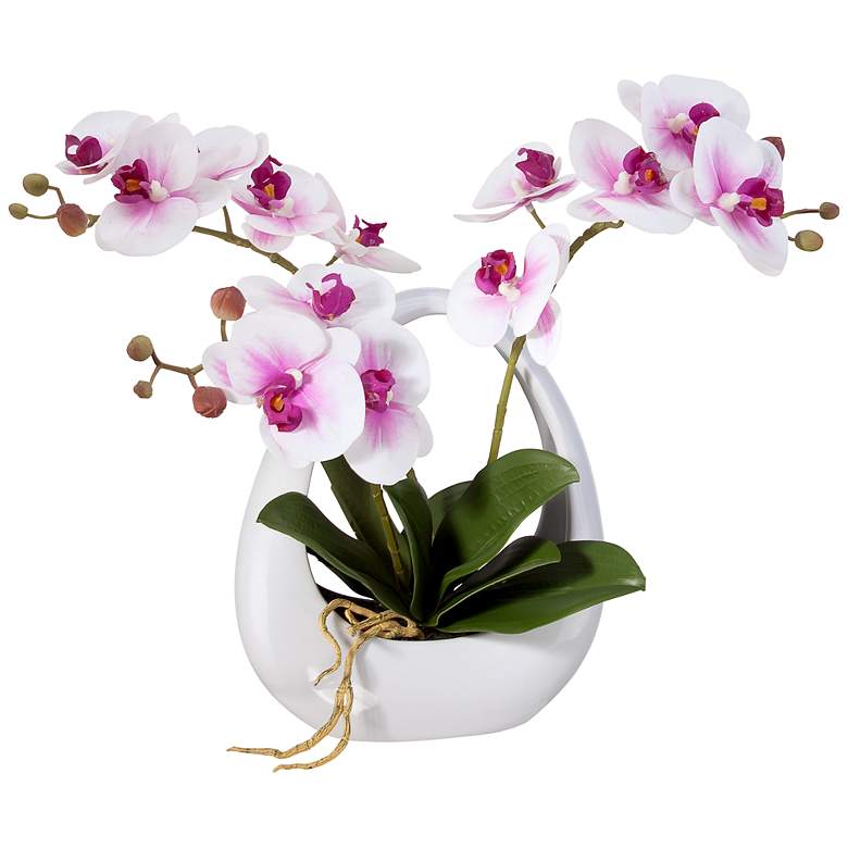 Pink White Phalaenopsis Orchids 13&quot; Faux Floral in White Pot
