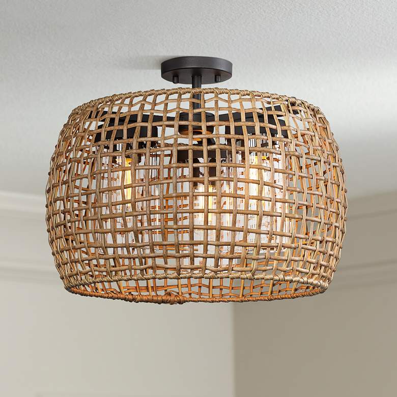 Image 1 Piper 19 1/4"W Natural Black 3-Light Outdoor Ceiling Light