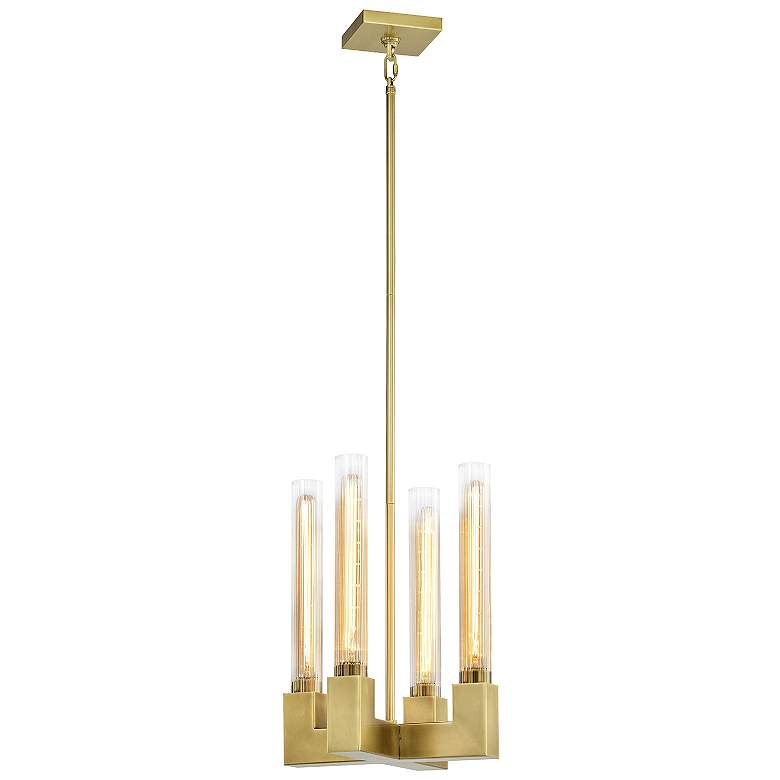 Image 1 Placid 4-Light 12 Inch Aged Brass Square Arm Styled Glass Chandelier