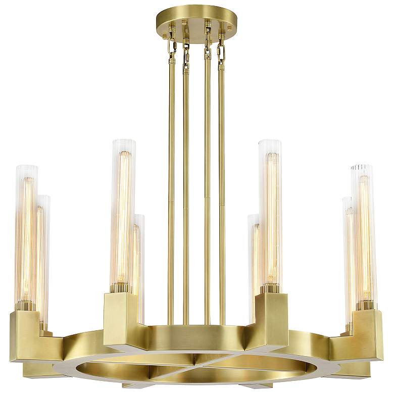 Image 1 Placid 8-Light 32 Inch Aged Brass Wheel Styled Glass Chandelier
