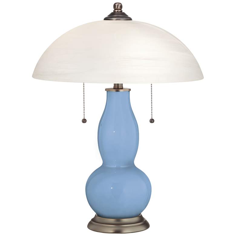 Placid Blue Gourd-Shaped Table Lamp with Alabaster Shade