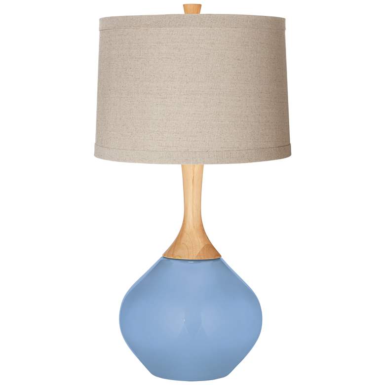 Image 1 Placid Blue Natural Linen Drum Shade Wexler Table Lamp