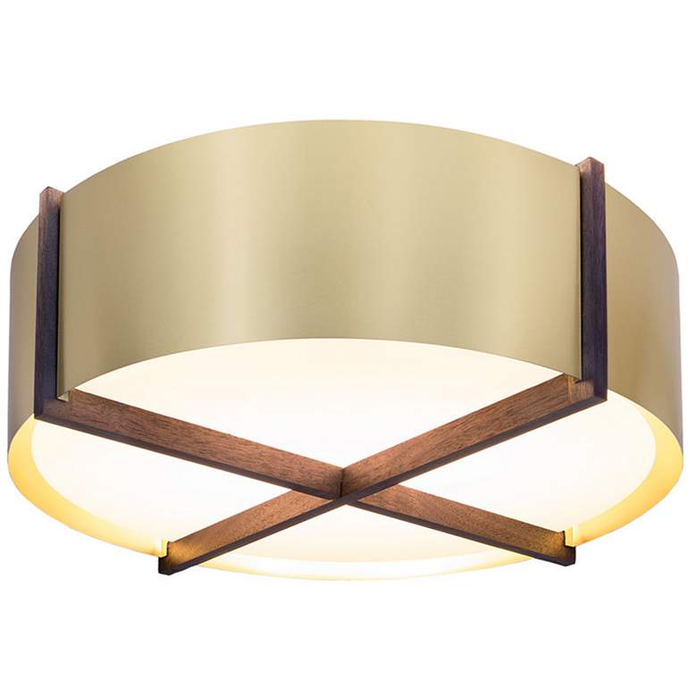 Image 1 Plura 18" Wide Walnut Accented 2700K P1 Driver Brushed Brass LED Flush