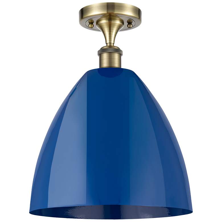 Image 1 Plymouth Dome 12" Wide Antique Brass Semi Flush Mount w/ Blue Shade