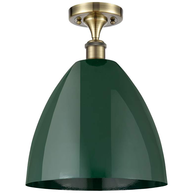 Image 1 Plymouth Dome 12 inch Wide Antique Brass Semi Flush Mount w/ Green Shade