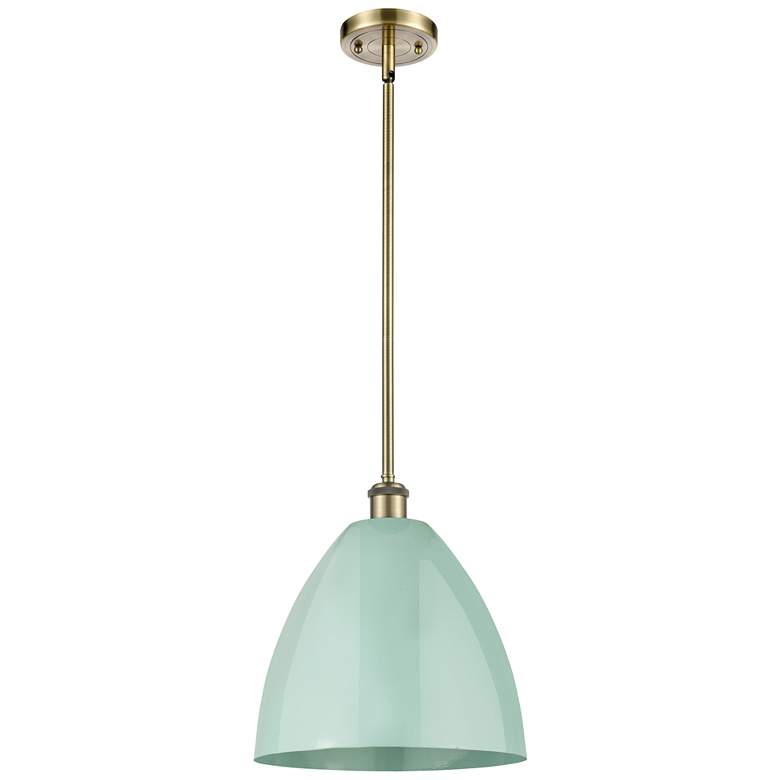 Image 1 Plymouth Dome 12" Wide Antique Brass Stem Hung Pendant w/ Seafoam Shad
