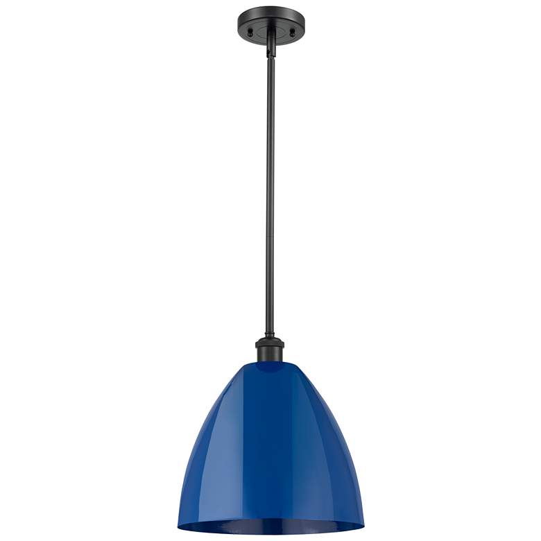Image 1 Plymouth Dome 12" Wide Matte Black Stem Hung Pendant w/ Blue Shade