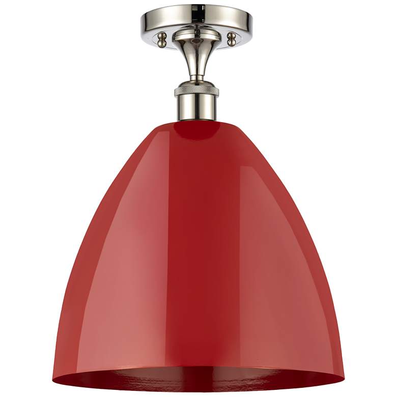 Image 1 Plymouth Dome 12 inch Wide Polished Nickel Semi Flush Mount w/ Red Shade