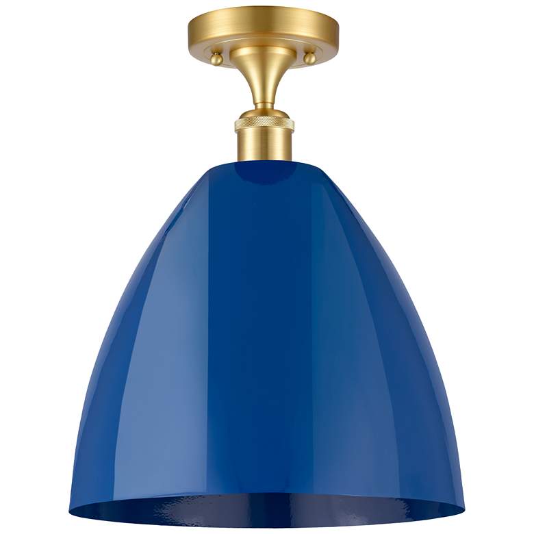 Image 1 Plymouth Dome 12" Wide Satin Gold Semi Flush Mount w/ Blue Shade