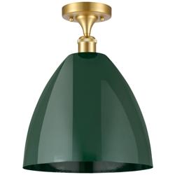 Plymouth Dome 12" Wide Satin Gold Semi Flush Mount w/ Green Shade