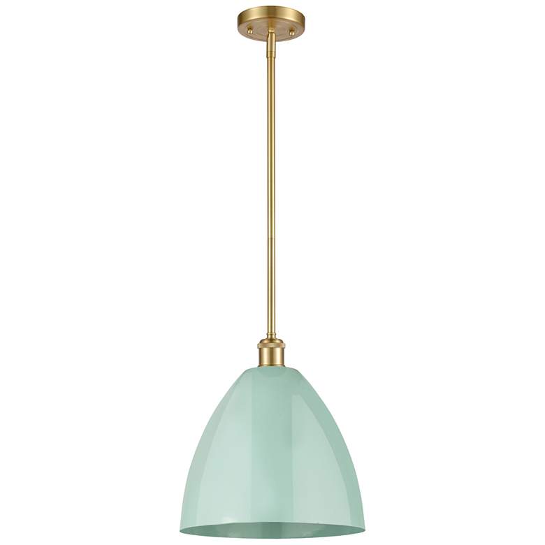 Image 1 Plymouth Dome 12" Wide Satin Gold Stem Hung Pendant w/ Seafoam Shade