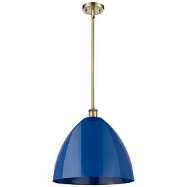 Image1 of Plymouth Dome 16" Wide Antique Brass Stem Hung Pendant w/ Blue Shade