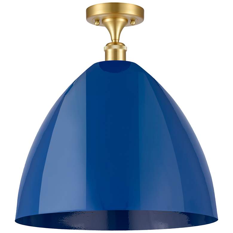 Image 1 Plymouth Dome 16" Wide Satin Gold Semi Flush Mount w/ Blue Shade
