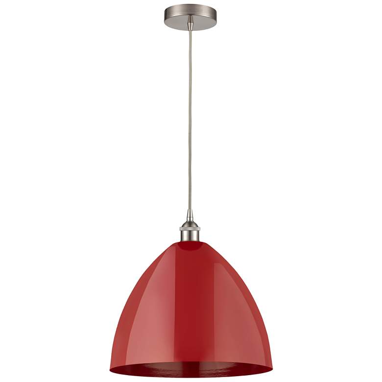 Image 1 Plymouth Dome 16 inchW Brushed Satin Nickel Corded Mini Pendant w/ Red Sha