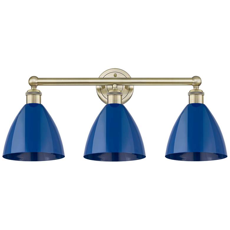Image 1 Plymouth Dome 25.5"W 3 Light Antique Brass Bath Light With Blue Shade