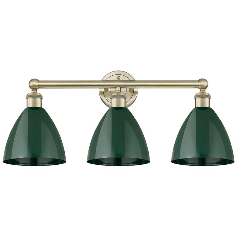 Image 1 Plymouth Dome 25.5"W 3 Light Antique Brass Bath Light With Green Shade