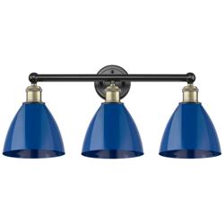 Plymouth Dome 25.5&quot;W 3 Light Black Antique Brass Bath Light With Blue