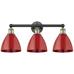 Plymouth Dome 25.5&quot;W 3 Light Black Antique Brass Bath Light With Red S