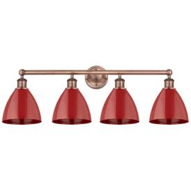 Plymouth Dome 34.5"W 4 Light Antique Copper Bath Light With Red Shade Plymouth Dome 34.5"W 4 Light Antique Copper Bath Light With Red Shade