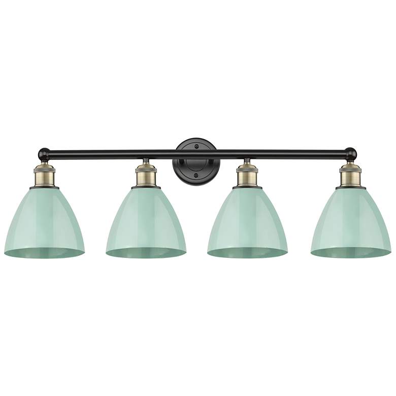 Image 1 Plymouth Dome 34.5"W 4 Light Black Brass Bath Light With Seafoam Shade