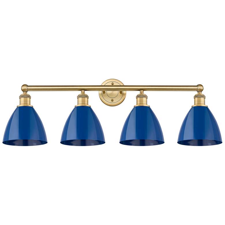Image 1 Plymouth Dome 34.5"W 4 Light Brushed Brass Bath Light With Blue Shade