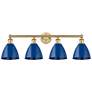Plymouth Dome 34.5"W 4 Light Brushed Brass Bath Light With Blue Shade