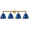 Plymouth Dome 34.5"W 4 Light Brushed Brass Bath Light With Blue Shade