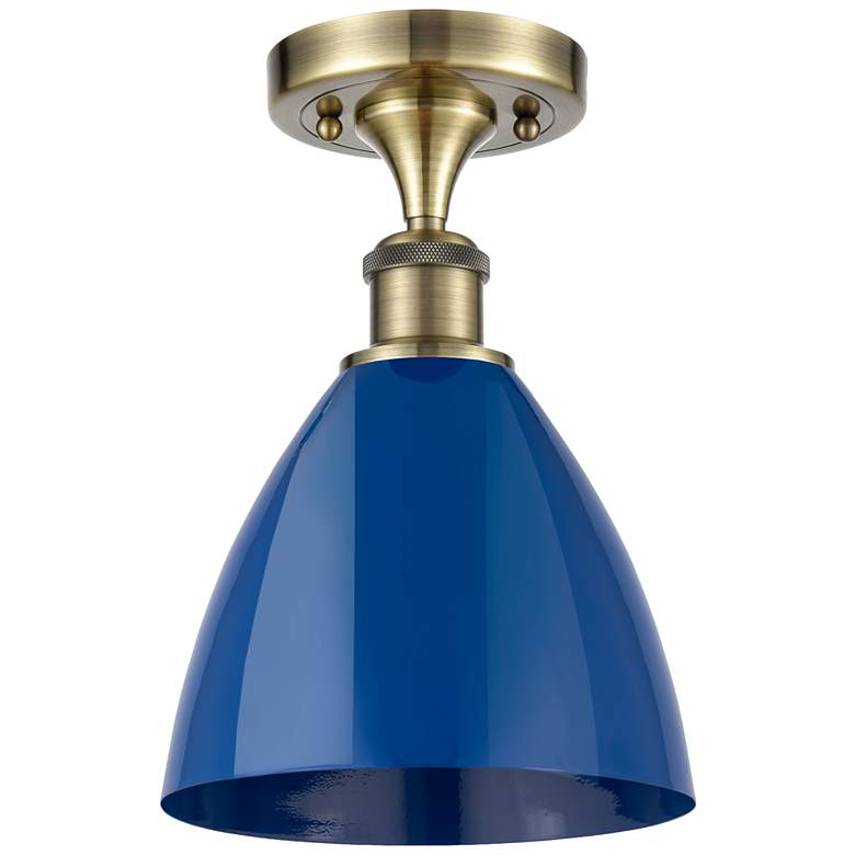 Image 1 Plymouth Dome 7.5" Wide Antique Brass Semi Flush Mount w/ Blue Shade