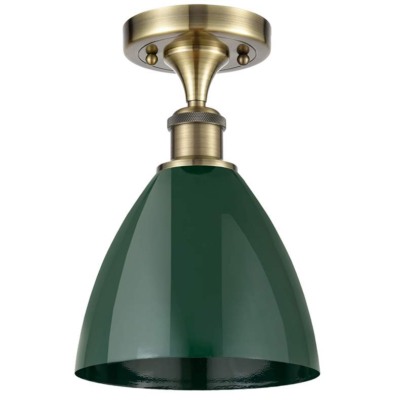 Image 1 Plymouth Dome 7.5" Wide Antique Brass Semi Flush Mount w/ Green Shade