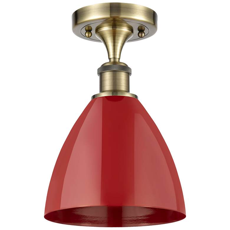 Image 1 Plymouth Dome 7.5" Wide Antique Brass Semi Flush Mount w/ Red Shade