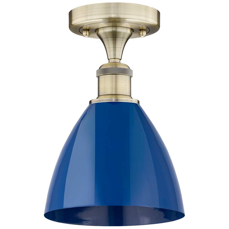 Image 1 Plymouth Dome 7.5" Wide Antique Brass Semi.Flush Mount With Blue Shade