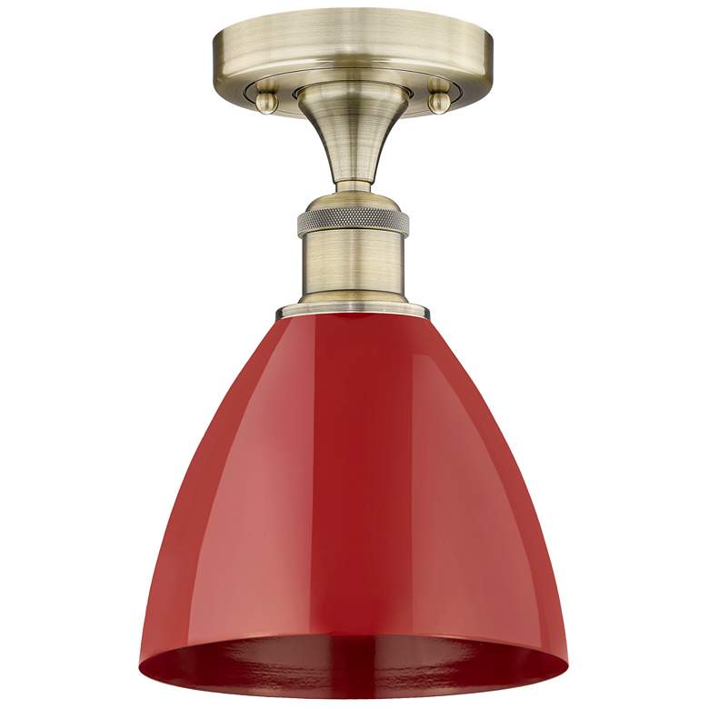 Image 1 Plymouth Dome 7.5" Wide Antique Brass Semi.Flush Mount With Red Shade