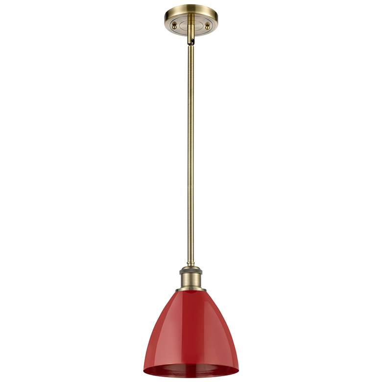 Image 1 Plymouth Dome 7.5" Wide Antique Brass Stem Hung Pendant w/ Red Shade