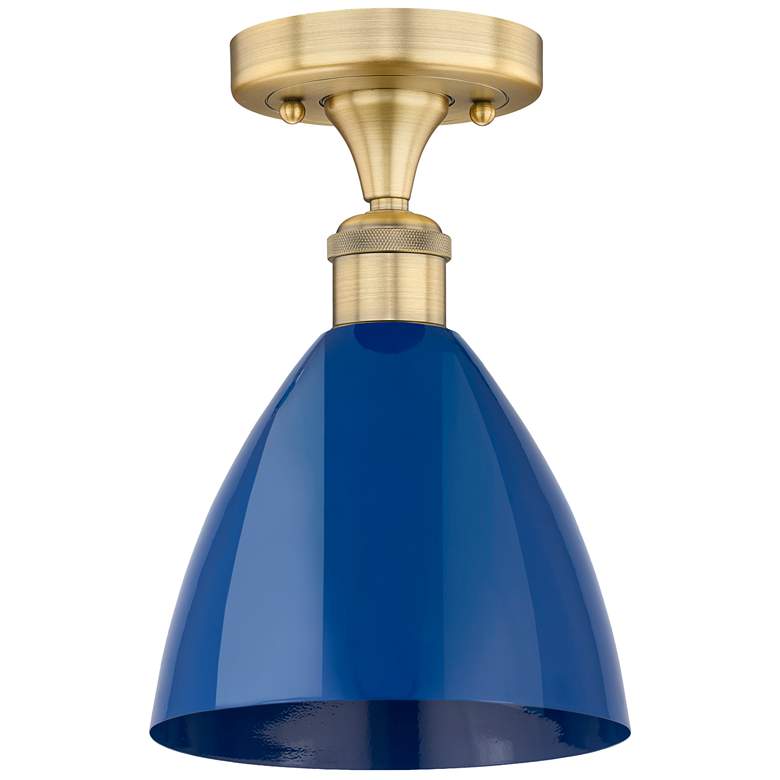 Image 1 Plymouth Dome 7.5" Wide Brushed Brass Semi.Flush Mount With Blue Shade