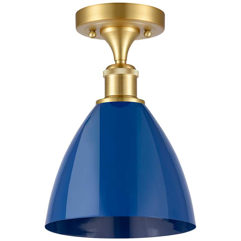 Image 1 Plymouth Dome 7.5" Wide Satin Gold Semi Flush Mount w/ Blue Shade