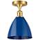 Plymouth Dome 7.5" Wide Satin Gold Semi Flush Mount w/ Blue Shade