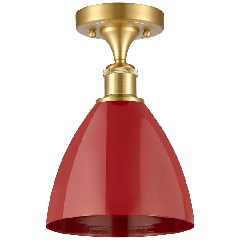 Image 1 Plymouth Dome 7.5" Wide Satin Gold Semi Flush Mount w/ Red Shade