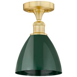 Plymouth Dome 7.5&quot; Wide Satin Gold Semi.Flush Mount With Green Shade