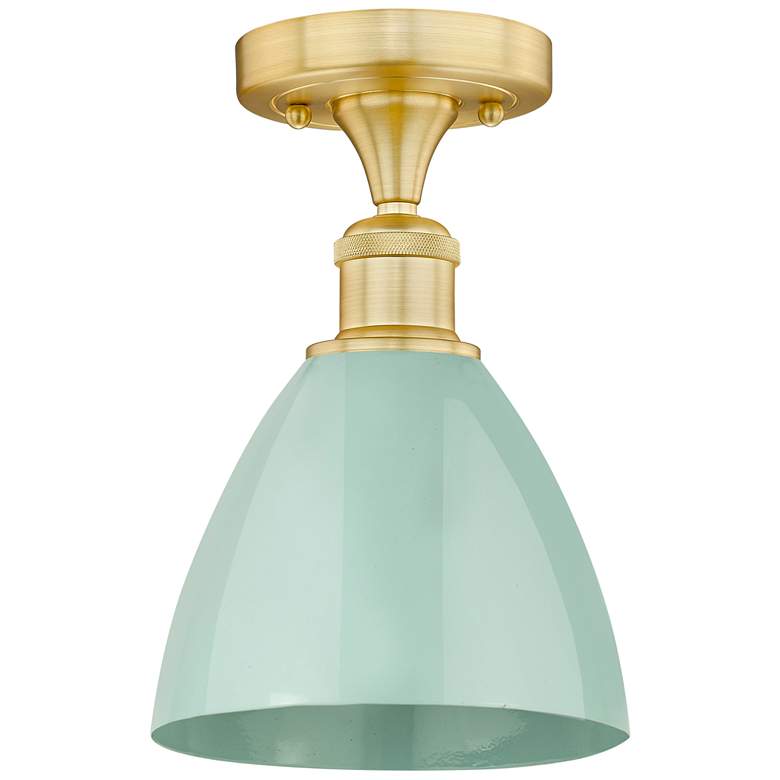 Image 1 Plymouth Dome 7.5" Wide Satin Gold Semi.Flush Mount With Seafoam Shade
