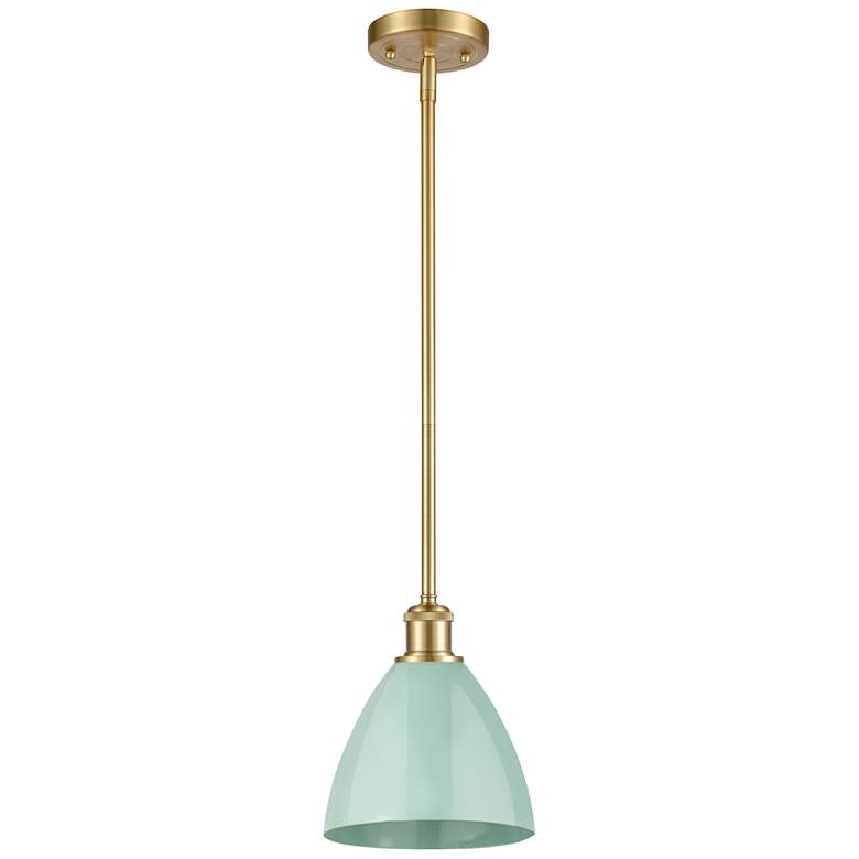 Image 1 Plymouth Dome 7.5 inch Wide Satin Gold Stem Hung Pendant w/ Seafoam Shade