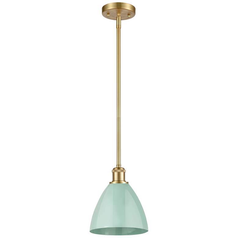 Image 1 Plymouth Dome 7.5" Wide Satin Gold Stem Hung Pendant w/ Seafoam Shade