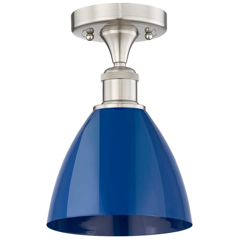 Image 1 Plymouth Dome 7.5" Wide Satin Nickel Semi.Flush Mount With Blue Shade