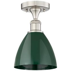 Plymouth Dome 7.5&quot; Wide Satin Nickel Semi.Flush Mount With Green Shade